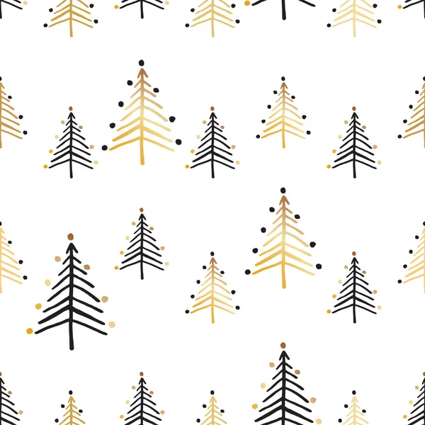 Nahtlos Wiederholendes Muster Mit Weihnachtsbäumen Schwarz Und Gold Auf Weißem — Stockvektor