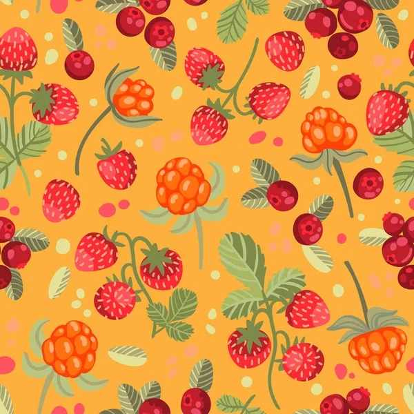 Seamless vector pattern lingonberry, strawberries, cloudberries — Stock Vector