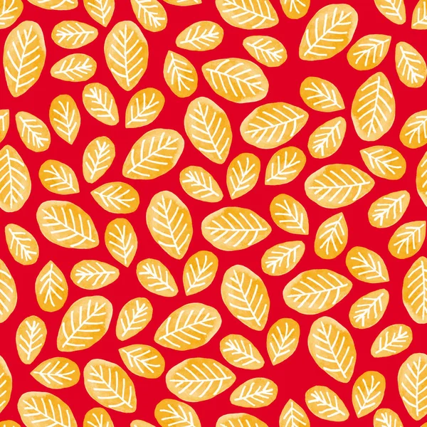 Patrón de acuarela sin costuras de hojas amarillas sobre un fondo rojo — Foto de Stock