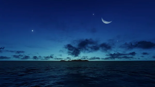 Night ocean with island, moon and stars