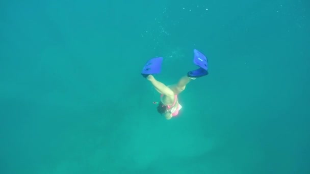 慢动作 年轻的适合和迷人的女孩潜水在惊人的深蓝海洋戴口罩 浮潜和鳍 探索海 并在积极的异国情调的暑假乐趣 — 图库视频影像