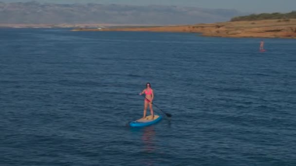 Antenn Flyger Över Kvinnan Paddleboarding Längs Fantastiska Röda Jorden Cliffy — Stockvideo