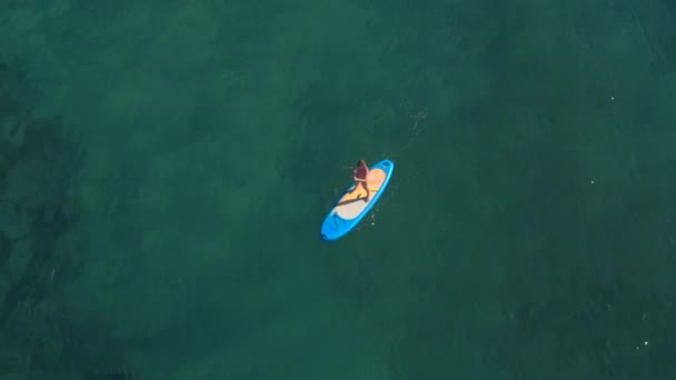 Antenne Distanz Attraktive Frau Rosafarbenen Bikini Stand Paddleboard Auf Aufblasbarem — Stockvideo