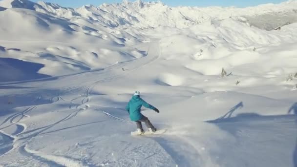 Primeira Vista Pessoa Fechar Snowboarder Fêmea Montando Neve Fresco Largo — Vídeo de Stock