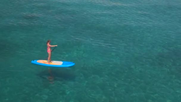 Aerial Cerrar Volando Alrededor Mujer Forma Bikini Rosa Pie Tabla — Vídeos de Stock