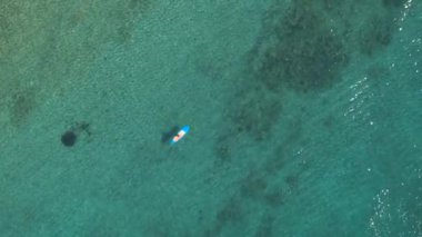 Hava: bikini, rahatlatıcı, sahil güzel yaz tatil zevk eğlence kadın sörfçü paddleboarding yukarıda yüksek uçan. Joy ride berrak mavi okyanus şaşırtıcı güneşli günde sup
