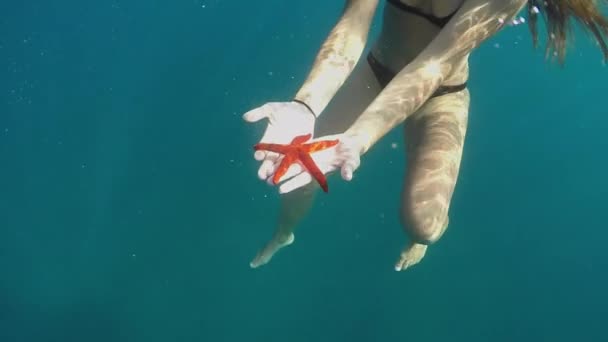 慢动作关闭水下 在深蓝色的海洋中 穿着比基尼的女人穿着漂亮的红海星在她的手 并显示给男朋友 奇异岛上惊人的海洋生物 — 图库视频影像