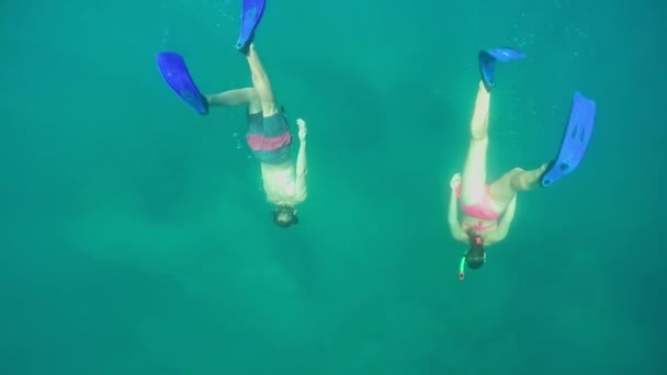 Slow Motion Close Underwater Ung Tjej Och Atletisk Kille Dyker — Stockvideo