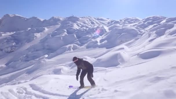 First Person View Close Extreme Snowboarder Riding Fresh Powder Snow — Stock Video