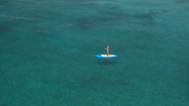 Aereo Chiuso Vola Intorno Attraente Giovane Surfista Bikini Rosa Piedi — Video Stock