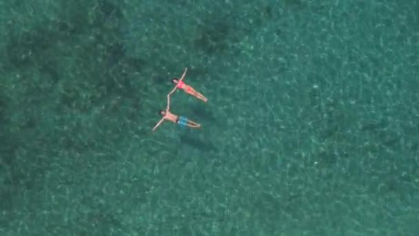 AÉRIEN, À L'APPROCHE : Petite amie et petit ami souriants se tenant la main, flottant sur l'eau, nageant étoile de mer flottant dans un lagon exotique sauvage. Eau transparente révélant des pierres et de superbes fonds sablonneux 