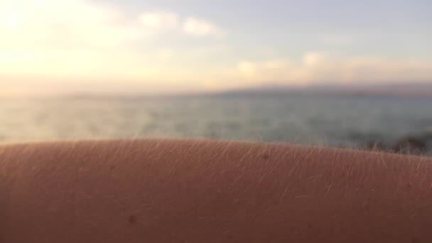 Macro Dof Joven Mujer Caucásica Pie Cerca Hermosa Playa Rocosa — Vídeo de stock