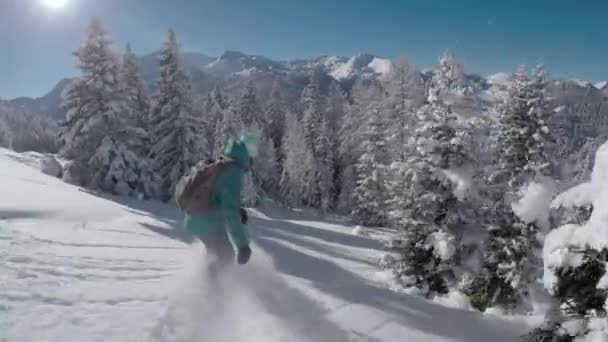 クローズ アップ 若い女性スノーボーダーの晴れた冬の美しい雪山の新雪パウダーに乗って マウンテン スキー リゾートのゲレンデを完璧なパウダースノー スノーボード フリーライド スノーボーダーの女の子 — ストック動画