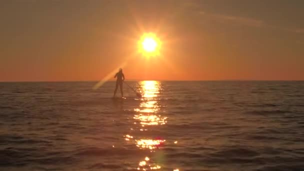 Fechar Aerial Voando Acima Menina Bonita Placa Inflável Sup Remando — Vídeo de Stock