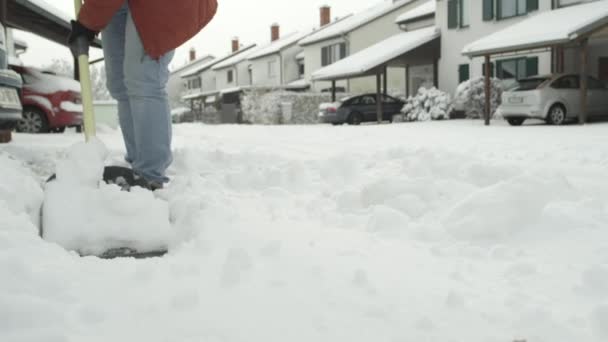 Slow Motion Close Dof Shoveling Manually White Snow Street Shovel — Stock Video