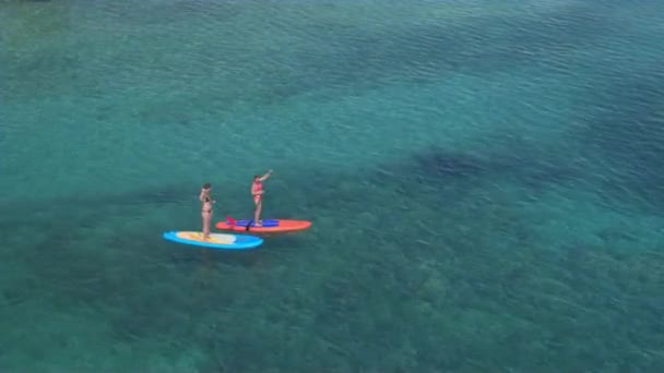 在炎热晴朗的夏日里 在迷人清澈的热带海洋中 围绕2个女孩飞行 阳光穿透水面 展现惊人的岩石和沙质海底 — 图库视频影像