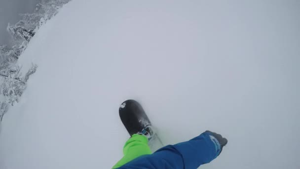 冬の雪の山で新鮮なパウダースノーに乗って極端な最初人の眺めをクローズ アップ スノーボーダー マウンテン スキー リゾートのゲレンデを完璧なパウダースノー スノーボード フリーライド スノーボーダー — ストック動画