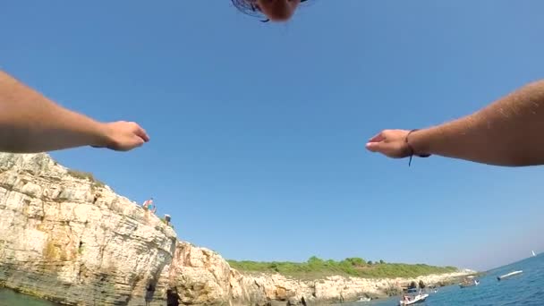 Pov Close Slow Motion Underwater Adventurous Young Tourist Plunging Head — Stock Video