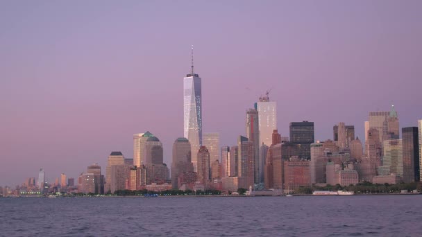 Establishing Shot Iconic Contemporary Glassy Skyscrapers Lit Stunning Purple Pink — Stock Video