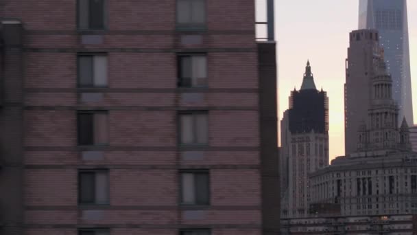 Närbild Skyline Ikoniska Historiska Landmärken New York Manhattan Downtown Municipal — Stockvideo