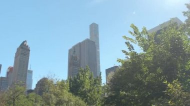Düşük görüş açısı: Lüks konut kule, ünlü kurumsal binalar, elit ofisleri, ikonik apartments, çarpıcı condominiums ve yemyeşil yeşil Central park, Manhattan, New York şehir manzaralı daire