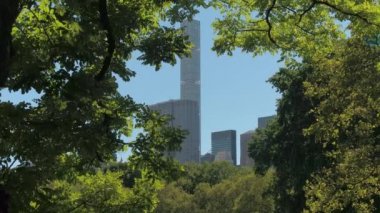 432 Park Avenue lüks condominium tower ve çağdaş General Motors elit ofis gür yeşil yapraklar içinde güzel güneşli New York Central Park'ta Midtown Manhattan'ın tarafından çerçevelenmiş Binası çarpıcı
