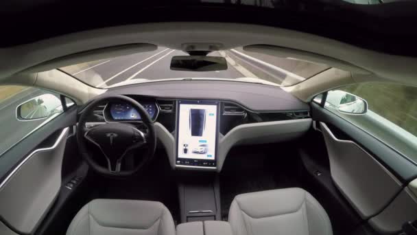 Tesla Autonome Auto Maart 2017 Absoluut Autonome Zelf Rijdende Tesla — Stockvideo