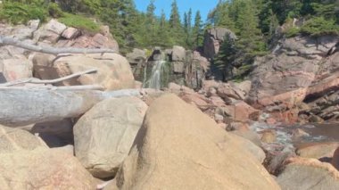 Yakın: Nova Scotia kırmızı volkanik taşlı adada kayalık uçurumun düşen ve Kuzey Atlantik Okyanusu içine akan billur dağ bahar. Cliffy shore gür yeşil ağaçlarıyla kaplı
