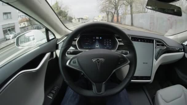 Autonomous Car February 2017 Self Driving Tesla Model Autopilot Steering — Stock Video