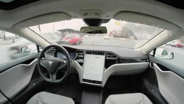 Tesla Autonomous Car March 2017 Fully Autonomous Self Driving Autopilot Tesla Model S Driverless Car Maneuvering On Local Street In Urban City Enhanced Next Gen Intelligent Robotic Vehicle