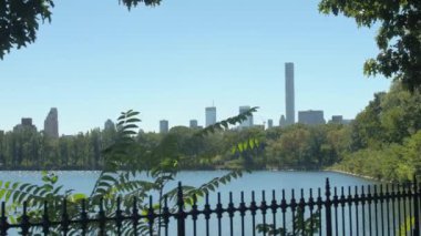 Güzel Jacqueline Kennedy Onassis 432 Park Avenue condominiums ve çağdaş cam gibi gökdelenler içinde Manhattan Upper West Side bakan rezervuar yeşil Central Park'ta açığa ağaç dalları