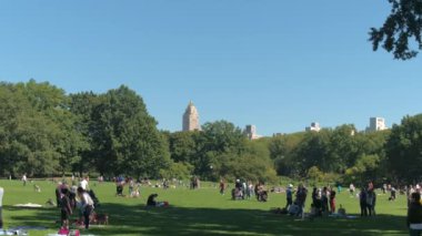 Yakın: Aile, çocuk, Genç ve üst düzey çiftler, arkadaşlar, güneşli gün yeşil Central Park'ta rahatlatıcı zevk turistler. İnsanların piknik, Çocuk oyun, koyun çayır üzerinde güneşlenme kadınlar