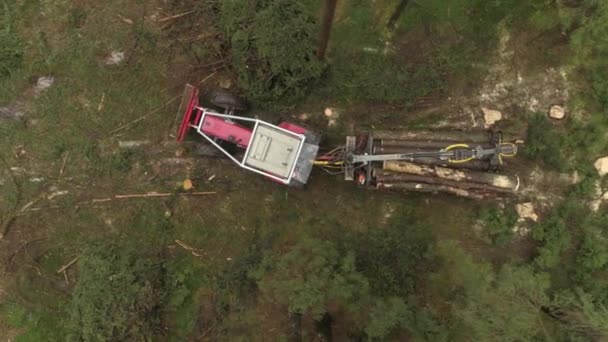 Aerial Close Timberjack Harvester Loaded Trailer Transporting Felled Stacked Logs — Stock Video