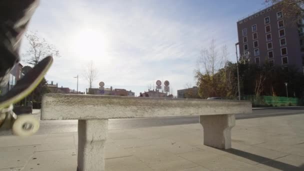 Slow Motion Close Unrecognizable Skateboarder Jumping Sliding Concrete Bench Street — Stock Video