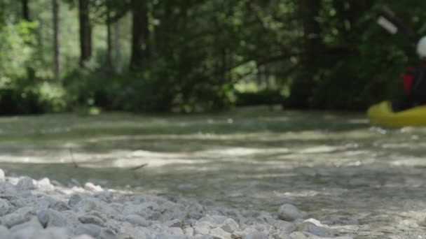 DOF : Canoer pro extrême pagayant le long du ruisseau rocheux autour des obstacles naturels dans le lit de la rivière et profitant d'une belle journée de détente dans une forêt verdoyante sauvage magnifique. kayakiste mâle kayak dans le ruisseau 
