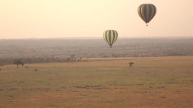 Anteni: sıcak havada yüzer turistler safari Serengeti Afrika vahşi Plains'de muhteşem savana yukarıda balon. Vahşi zebralar güzel altın ışık güneşli sabah saat yerde herding çalıştıran