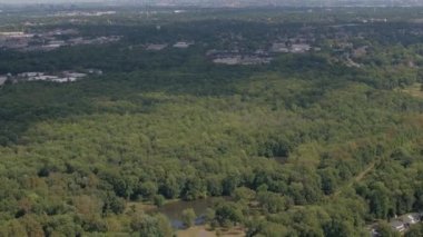 Hava kurulması Shot: ufukta yukarıda lüks emlak evler ve evler ünlü New York şehir silüeti doğru uçan. Uzun boylu gökdelenler ve kat mülkiyeti binalar ile büyük cityscape