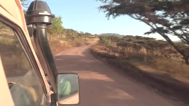 Pov Cerrar Mirando Por Ventana Conduciendo Jeep Turístico Safari Carretera — Vídeos de Stock
