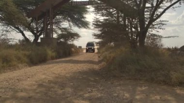 Serengeti, Tanzanya - 10 Haziran 2016: Tüm arazi safari jeep Serengeti Milli Parkı kapıyı çıkarken ve özel oyun sürücü turistik Tur Bitiş turistlerle dolu