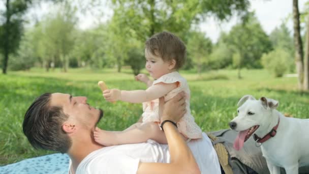 慢动作关闭 自由度 快乐的年轻爸爸躺在毯子上抱着甜美的女婴 在当地公园玩的时候 她在空中滑行 与女儿在大自然中度过优质的家庭时光 — 图库视频影像
