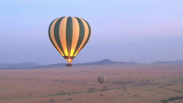 Anténa Safari Horkovzdušných Balónů Nad Rovinou Rozsáhlé Savany Válcování Dálky — Stock video