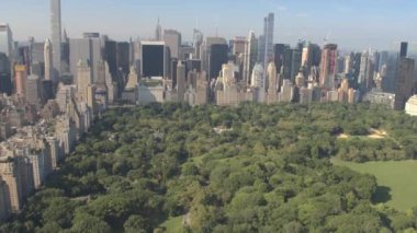 Hava kurulması Shot: 5th Avenue boyunca ve doğru Downtown Manhattan güneşli New York'ta Central Park uçan. Uzun boylu camsı gökdelenler ve Central Park'a bakan kat mülkiyeti binalar