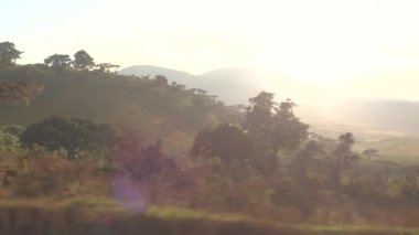 Yakın: dağ orman ile kaplı ve Serengeti ile sınır kapısı Ngorongoro dağlık artan tozlu yolda sürüş. Güzel vadi güneşli gün Yanardağı RIM ve dağlarla çevrili