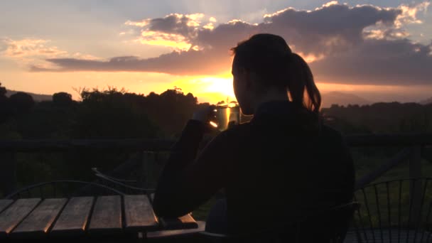 Chiudi Giovane Donna Seduta Sulla Sedia Sul Balcone Legno Rilassa — Video Stock