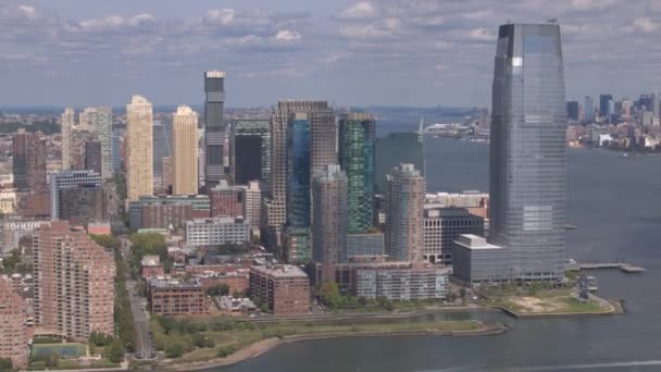 Aerial Flying New Jersey Downtown Skyscrapers Overlooking Lower Manhattan Financial — Stock Video