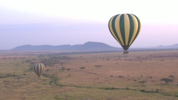 Zbliżenie Safari Balonem Latanie Nad Rozległe Sawanny Toczenia Odległość Przepięknym — Wideo stockowe