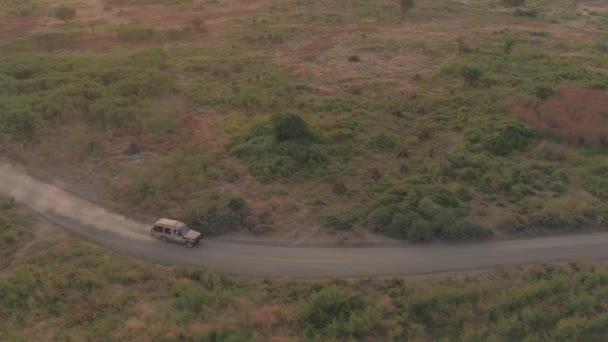 航空写真 上を飛んでサファリ ジープ アフリカ草原のサバンナの広大な乾燥したフィールドを介して駆動 背後にある塵の雲を残してゲーム ドライブに 荒野で日当たりの良い夜を見事な壮大な景色 — ストック動画