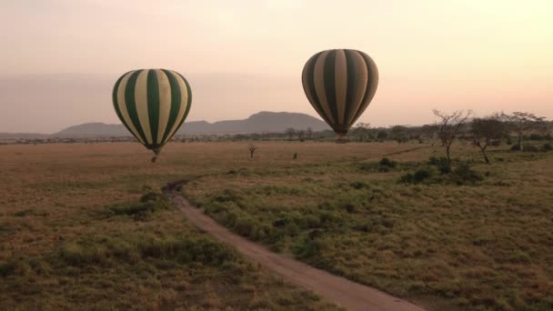 Aerial Cerrar Globos Aire Caliente Safari Volando Sobre Interminables Llanuras — Vídeos de Stock
