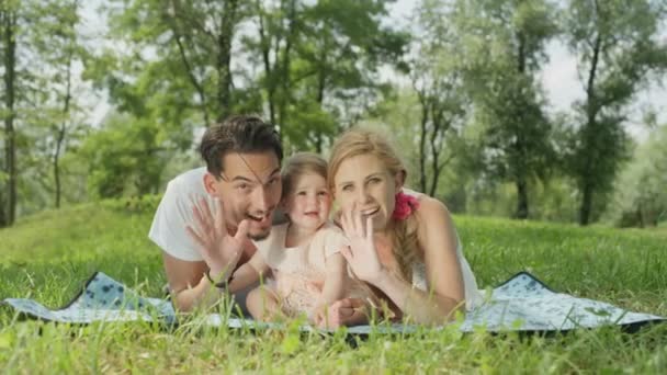 Moción Lenta Cerrar Dof Feliz Joven Mamá Papá Tumbado Hierba — Vídeo de stock