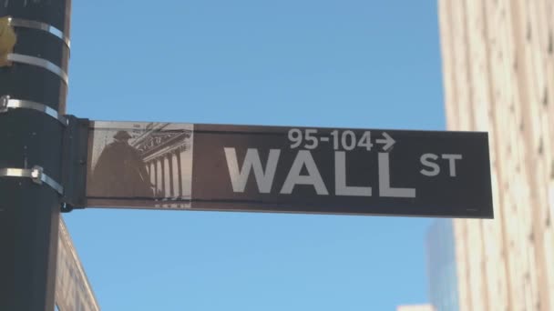 Fechar Sinal Rua Wall Street Icônico Nome Coletivo Para Comunidade — Vídeo de Stock